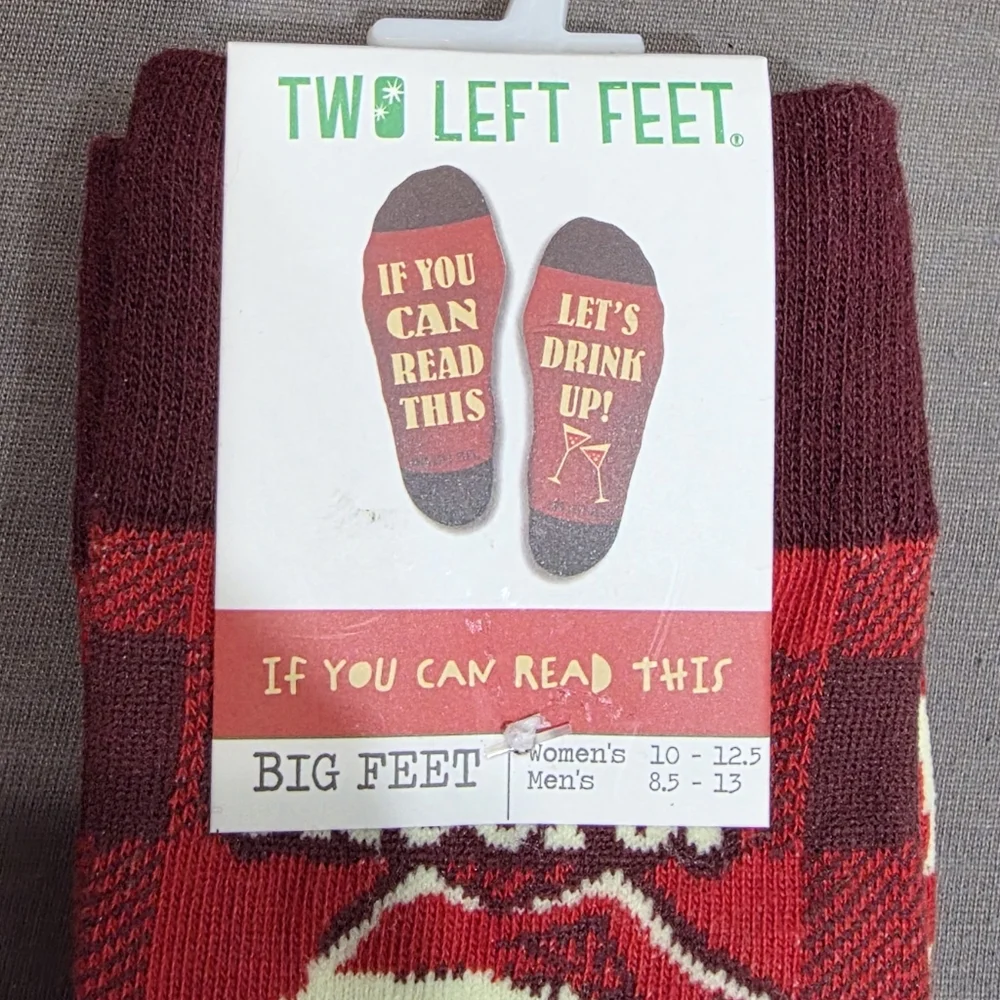 ❤️2/$12 NEW Two Left Feet Funny Santa “Let’s Drink Up” Big Feet Christmas Socks
